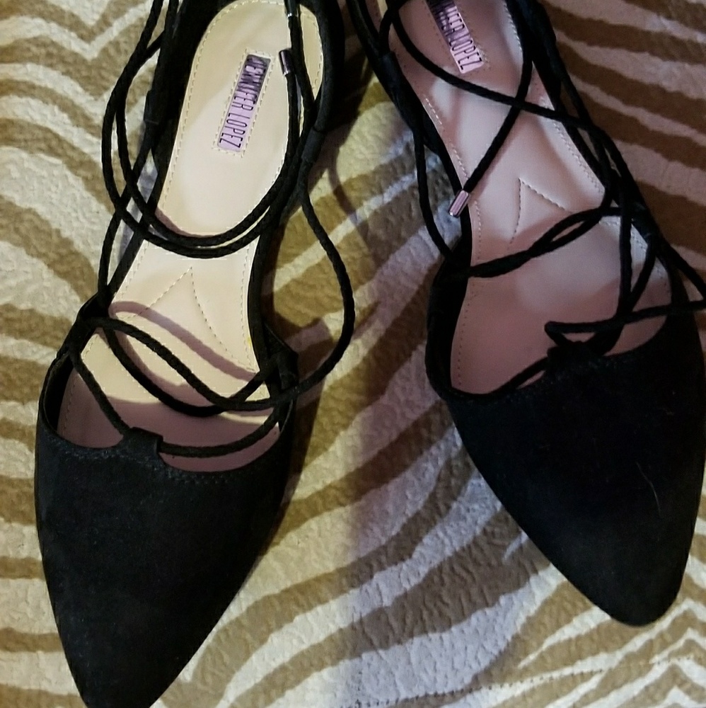 Jennifer Lopez black lace up flats